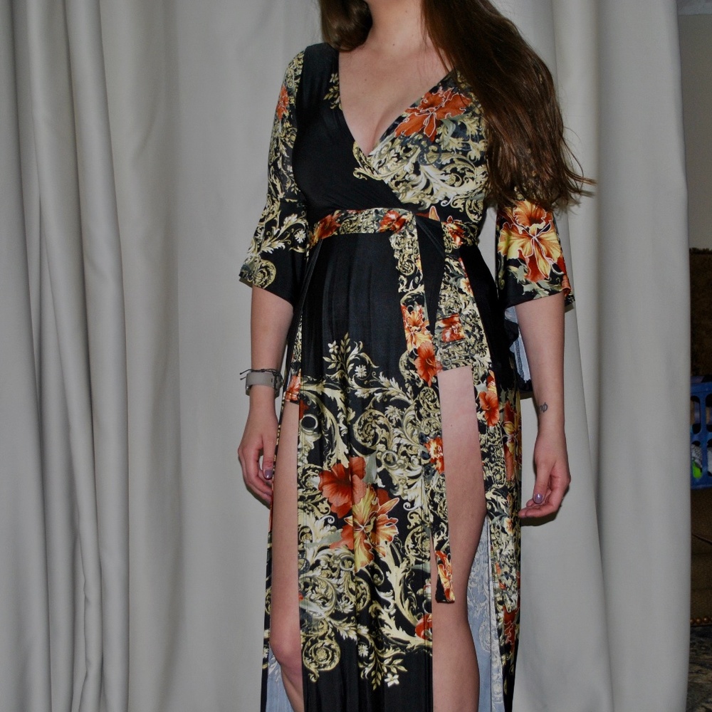 Floor length floral print romper/dress